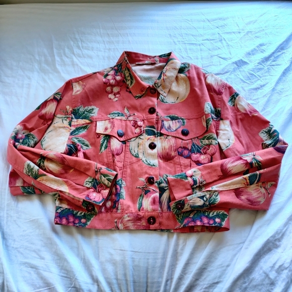 Melinda Zoller Linen Summer Fruit Trucker Jacket L - Picture 5 of 6